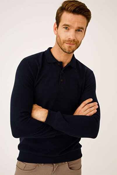 İgs Μπλε ναυτικό πλεκτό με μακρύ μανίκι με λαιμόκοψη πόλο, κανονική εφαρμογή