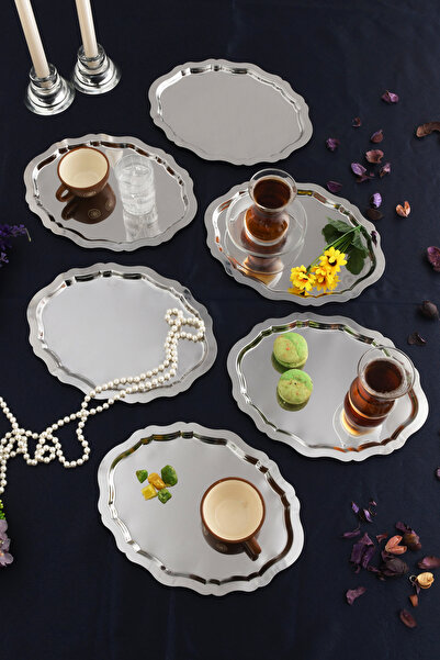 AKSESUAR EVRENİ Ovaldi 6-Piece Stainless Steel Oval Coffee Presentation Tray ...