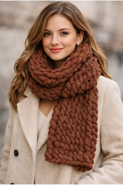 A&D HANDMADE وشاح محبوك يدويًا من القطيفة المنفوشة 220*22 سم