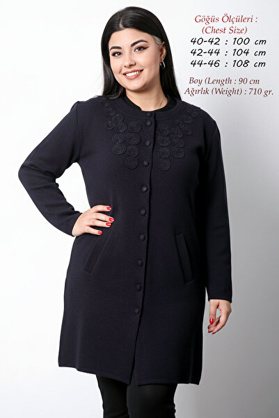 Laden Triko Yünlü Kadın Kordone İşlemeli Kalın Uzun Lacivert Kışlık Anne Hırka