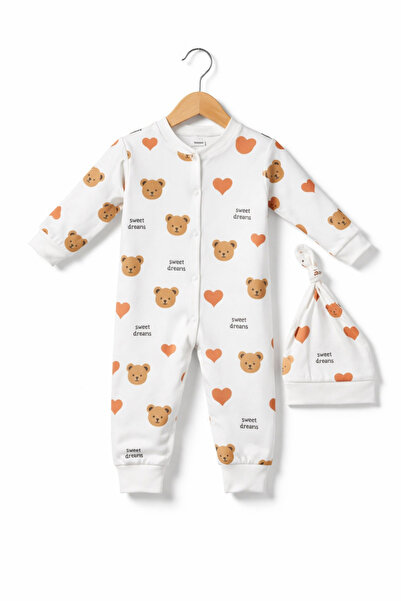 Akcan Ayıcık ve Kalp Desenli Pamuklu Bebek Tulumu Şapkalı Yenidoğan Bebek Takımı