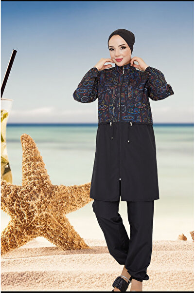 DLC Tekstil Antik Desenli Beli Lastikli Tesettür Mayo Bone Hediyeli