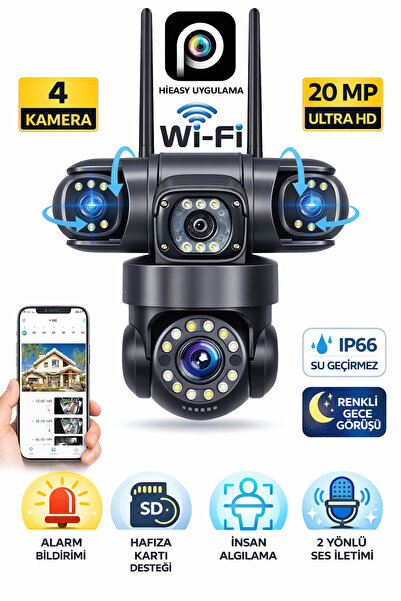 TRCharger 4 Kameralı 8MP WiFi Full HD 4K PTZ HiEasy Gece Görüş Çift Yönlü Ses...