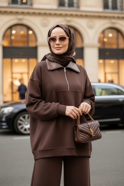 Aselim Hijap Moda طقم أوسيلو كومفورت – طقم حجاب مزدوج من قماش سالونيك بلون بن...