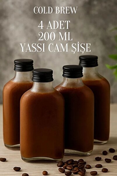 Rotanev 4 Adet Şeffaf Cold Brew Siyah Kapaklı Soğuk Kahve Yassı Cam Şişe 200 ml