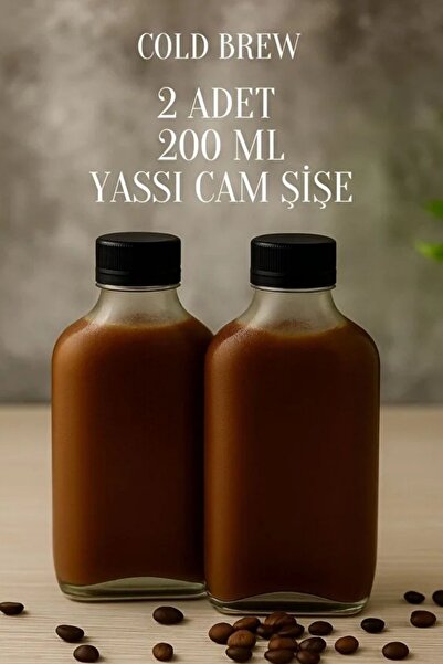 Rotanev 2 Adet Şeffaf Cold Brew Siyah Kapaklı Soğuk Kahve Yassı Cam Şişe 200 ml