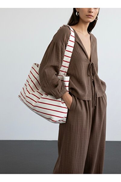 LUNAFEL Red Striped Canvas Handbag Shoulder Bag - Waterproof Fabric - Tote Cl...