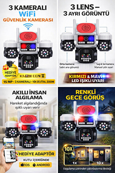 TRCharger 15MP 3 Kameralı 3 Ekran Ptz Wifi 3 Kamera Bildirim – Polis Çakarlı,...