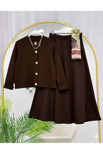 RFK Butik Tricotaj pentru femei Gold Kalp Cardigan Set cu fustă puf scuba - m...