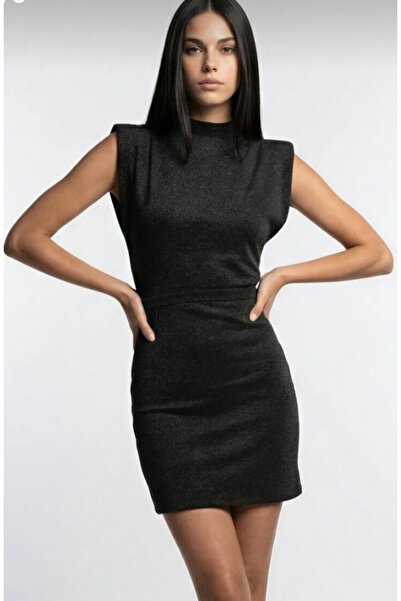 OLSAMODA Women's Shoulder Pad Pack Waist Belted Sleeveless Silvery Dress