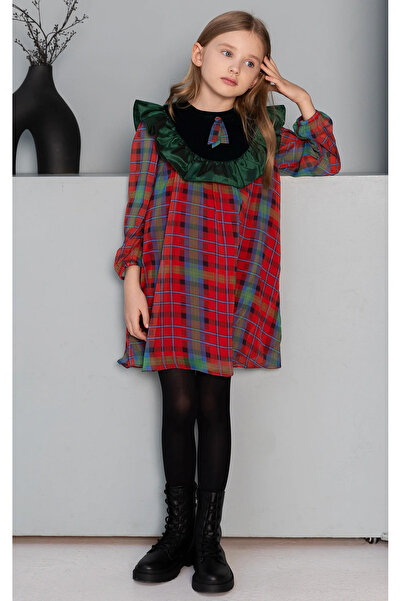 SheShe Kareli Fırfır Şifon Elbise