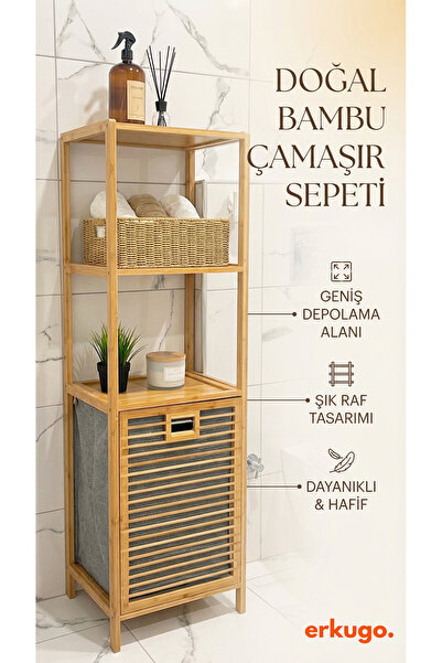 ERKUGO Bambu 3 Raflı Kirli Sepeti, Çok Amaçlı Banyo Düzenleyici, Çamaşır Sepe...