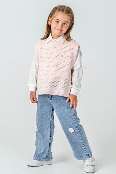 LUCEVERA Κοριτσίστικο Σετ 3 τεμαχίων: Πλεκτό Γιλέκο με Λεπτομέρειες Λουλουδιώ...