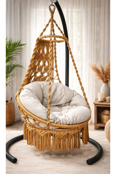 WOODSHUT Makrome Salıncak Minderli - Askı Demiri ile - %100 El Işçiliği - MİS...