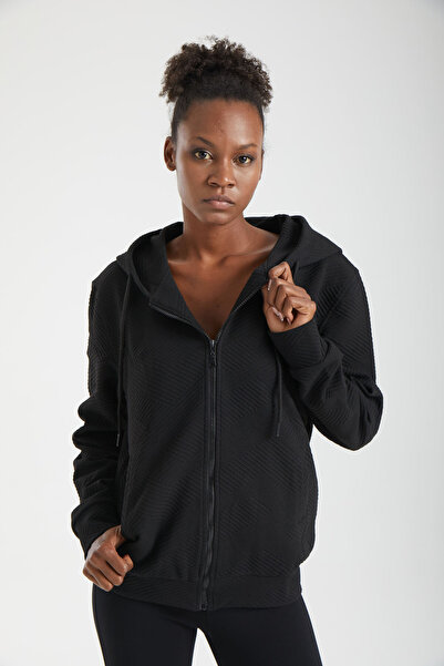 IMBUE Balıksırtı Kapitone Kapüşonlu Fermuarlı Siyah Ceket