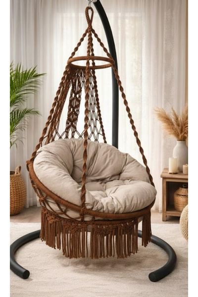 WOODSHUT Makrome Salıncak Minderli (KAHVERENGİ) - %100 El Işçiliği Mis38008