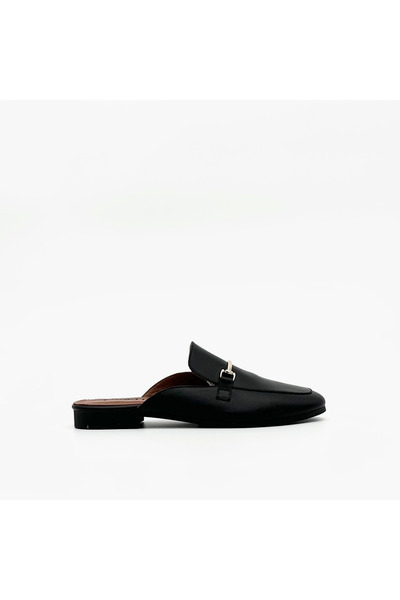 Folle Siyah Hakiki Deri Arkası Açık Loafer – Altın Aksesuarlı