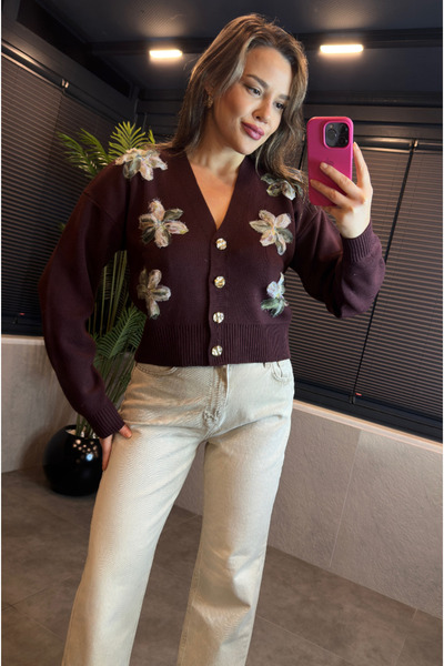 MİR STORE Çiçek Detaylı Kahverengi Kısa Hırka