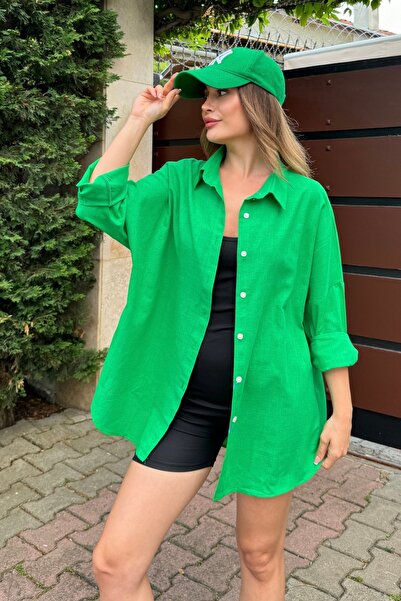 bb butik basic oversized Λινό Με υφή 100% Βαμβάκι Μονό Με τσέπες Χαλαρό Πράσι...