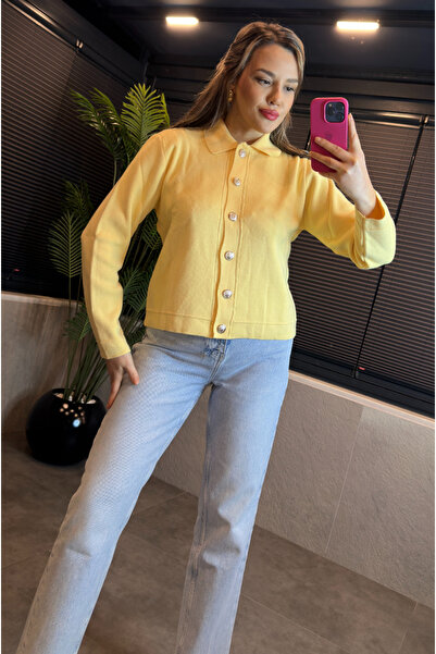 MİR STORE سترة تريكو صفراء بتفاصيل ياقة