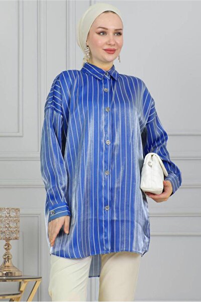 TRENDTESETTÜR KADIN MAVİ ÇİZGİLİ PARLAK GÖMLEK TUNİK T 7398