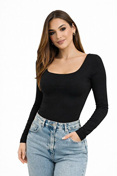 modavingo Kadın Siyah Kare Yaka Ön Çift Kat Polyemid Body