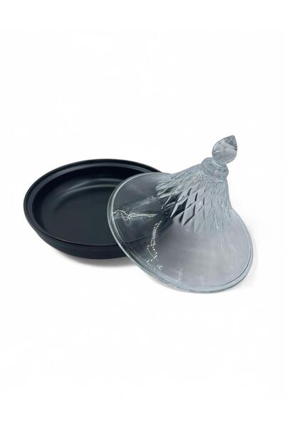 Generic A glass serving dish for sweets or dates with a black base and lid