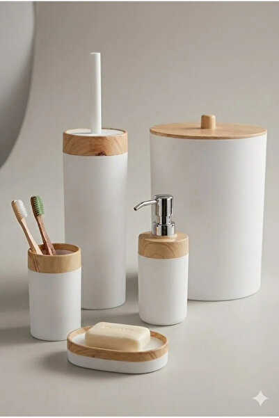 Hagen مجموعة صحن صابون ثلاثي بمظهر خشبي + فرشاة المرحاض + مجموعة حمام مكونة م...