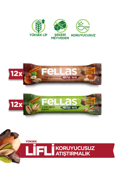 Fellas Meyve Bar (40 g) Süper İkili Kutu - 24 Adet (Karışık Kuruyemişli x 12 ...