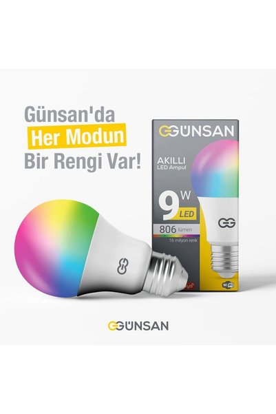 Günsan Akıllı Wifi LED Ampul RGB Çok Renkli Sesli Komut & Tuya & Smart Life Uyumlu (9W 2700K-6500K)