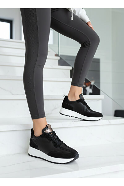 RaySones حذاء رياضي نسائي أسود من الجلد الطبيعي بنعل سميك ناعم ورباط ونعل مضا...