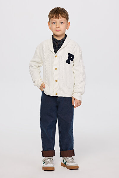 Panço Erkek Çocuk Düğmeli Harf Detaylı Ekru Hırka