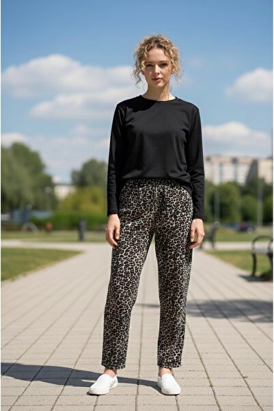 HAVVA HOME Erkek Kadın (Unisex) Leopar Desenli Kareli Polar Pantolon Çift Kom...