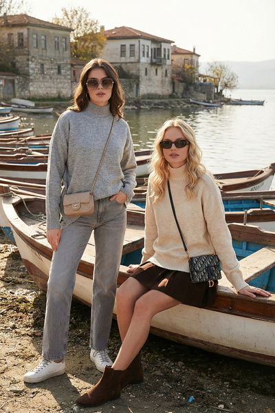 Lela oversized Πλεκτό πουλόβερ με μαλακή υφή με ζιβάγκο 2'li Pack Πλεκτό πουλ...