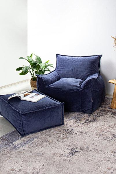 Homedius Notre Kadife Koltuk Puf Set Indigo Mavi