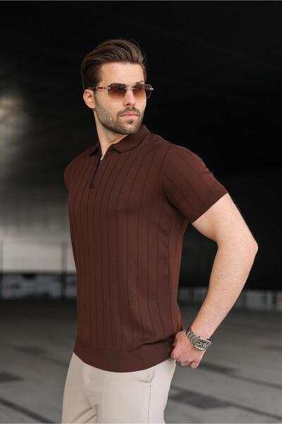Madmext تي شيرت بني بياقة بولو وسحاب للرجال E7298