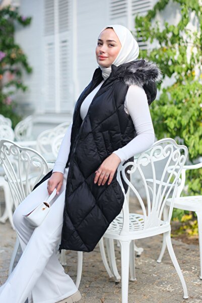 LOCCO Vestă cu buzunare duble cu glugă neagră - croială strânsă