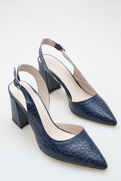Shoesers Kadın Lacivert Croco Asimetrik Bantlı Sivri Burunlu Kalın Topuklu Ay...