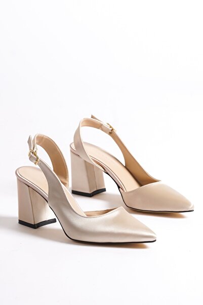 Shoesers Kadın Saten Kumaşlı Asimetrik Bantlı Sivri Burunlu Kalın Topuklu Aya...