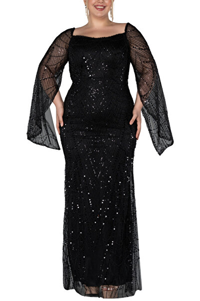 Arden Büyük Beden Uzun Abiye, Kadın Siyah/Lacivert/Beyaz Payetli Uzun Kol Düğ...