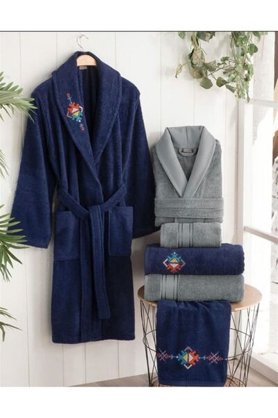 Sarev 100% Cotton Navy Blue Family Bathrobe Set