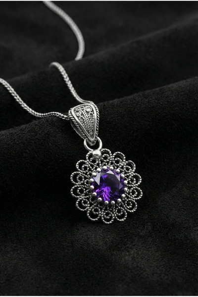 Erdobia Şubat Ametist Doğum Taşı Çiçek Motifli Telkari Gümüş Kolye