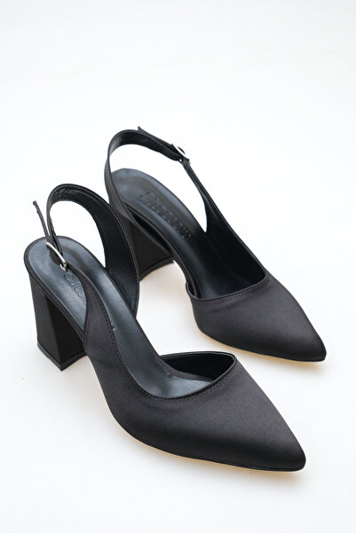 Shoesers Kadın Saten Kumaşlı Asimetrik Bantlı Sivri Burunlu Kalın Topuklu Aya...