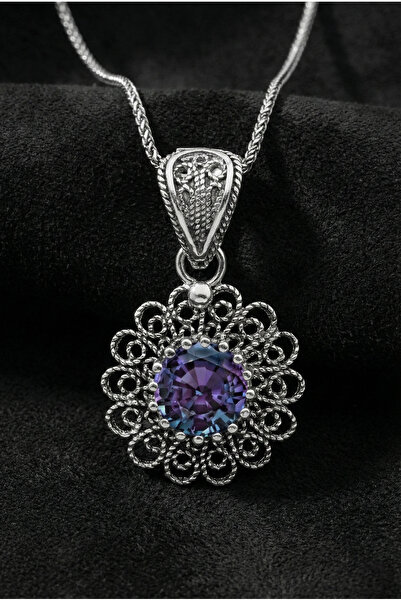 Erdobia Haziran Mistik Topaz Doğum Taşı Çiçek Motifli Telkari Gümüş Kolye