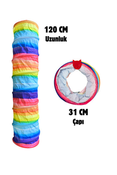 Miyav Gökkuşağı Desenli Kedi Oyun Tüneli 120 CM Katlanabilir Dayanıklı ve Kol...