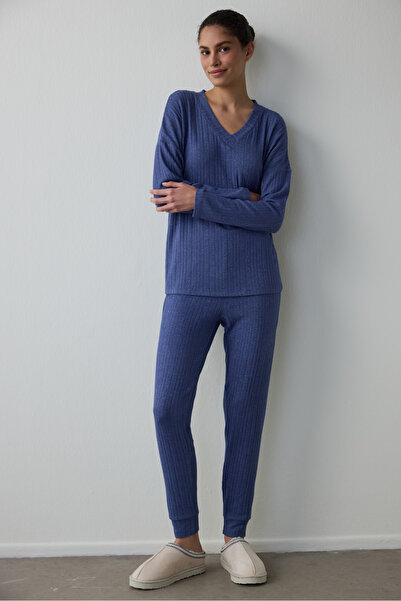 Penti Navy Blue Cozy V-Neck Long Sleeve Pajama Set
