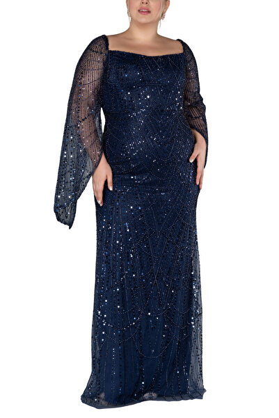 Arden Büyük Beden Uzun Abiye, Kadın Siyah/Lacivert/Beyaz Payetli Uzun Kol Düğ...