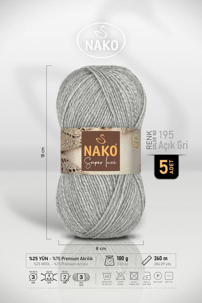 NAKO Super Pearl - 195 Light Grey - 5-Pack - 100Gr/260M - Hand Knitting Yarn ...