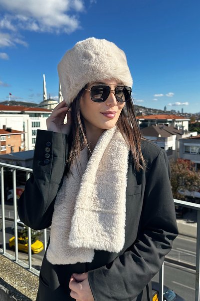 Mollycrush Women's Beige Plush Fur Scarf Hat Set |   Premium Winter