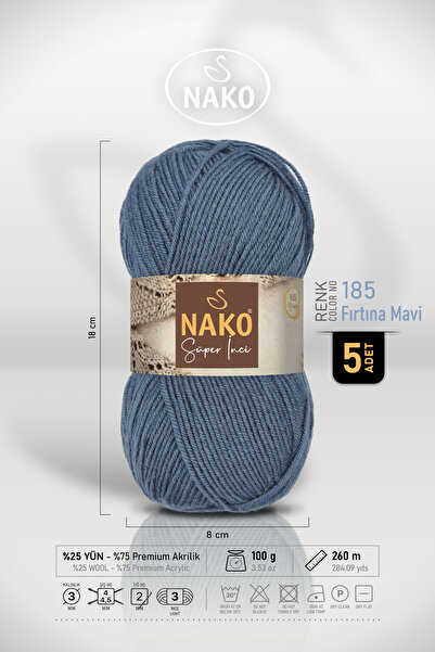 NAKO Super Pearl - 185 Storm Blue - 5-Pack - 100Gr/260M - Hand Knitting Yarn ...